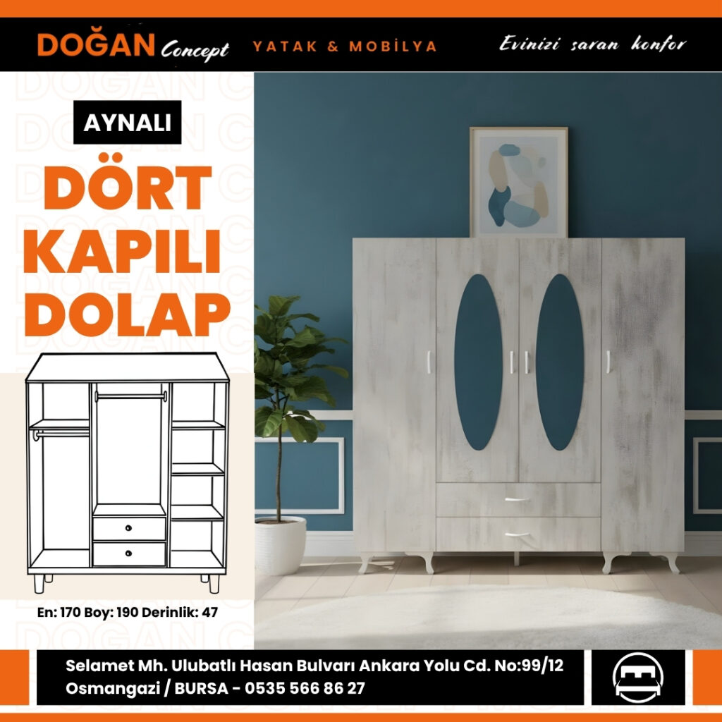 Aynalı Dört Kapılı Dolap