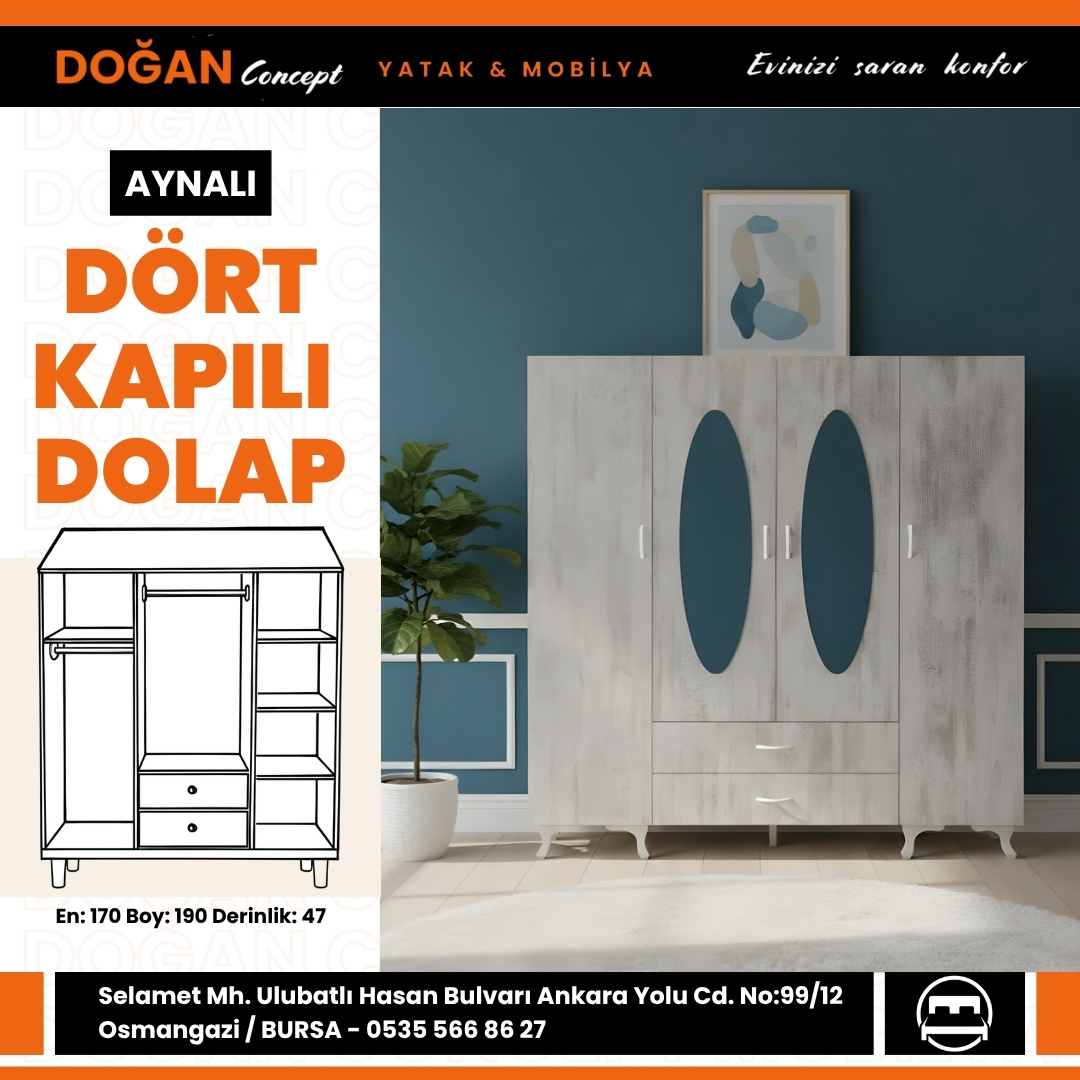 Aynalı Dört Kapılı Dolap